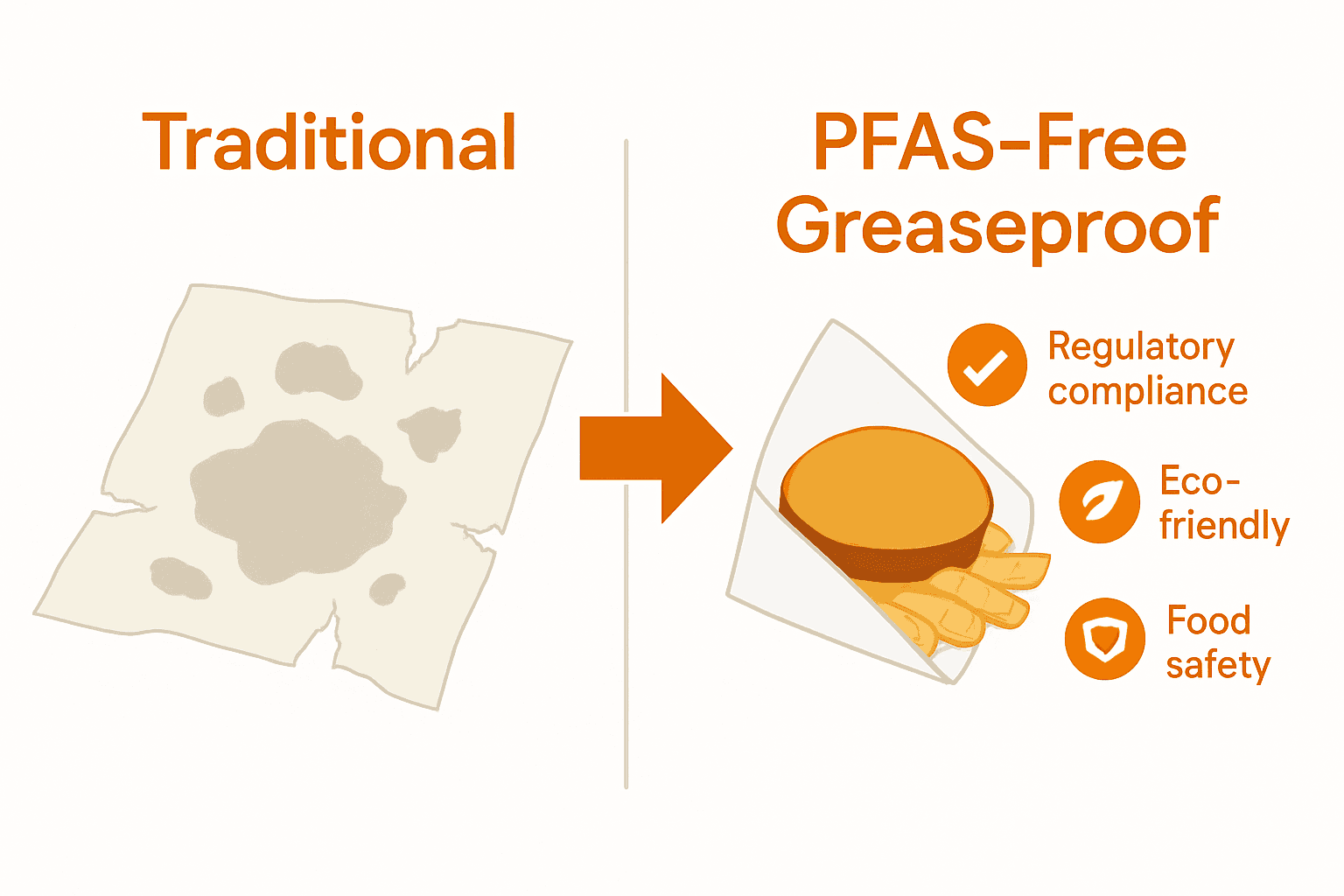 Infographic comparing traditional versus PFAS-free greaseproof wrap performance and safety