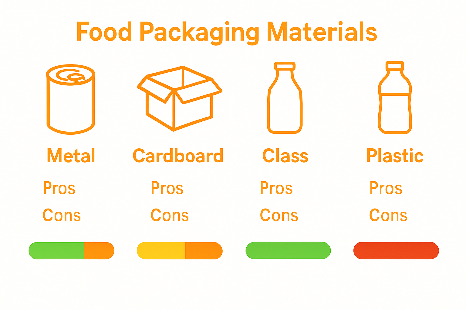 Infographic comparing metal, cardboard, glass, and plastic for food delivery packaging with icons, pros, cons, and sustainability scale.