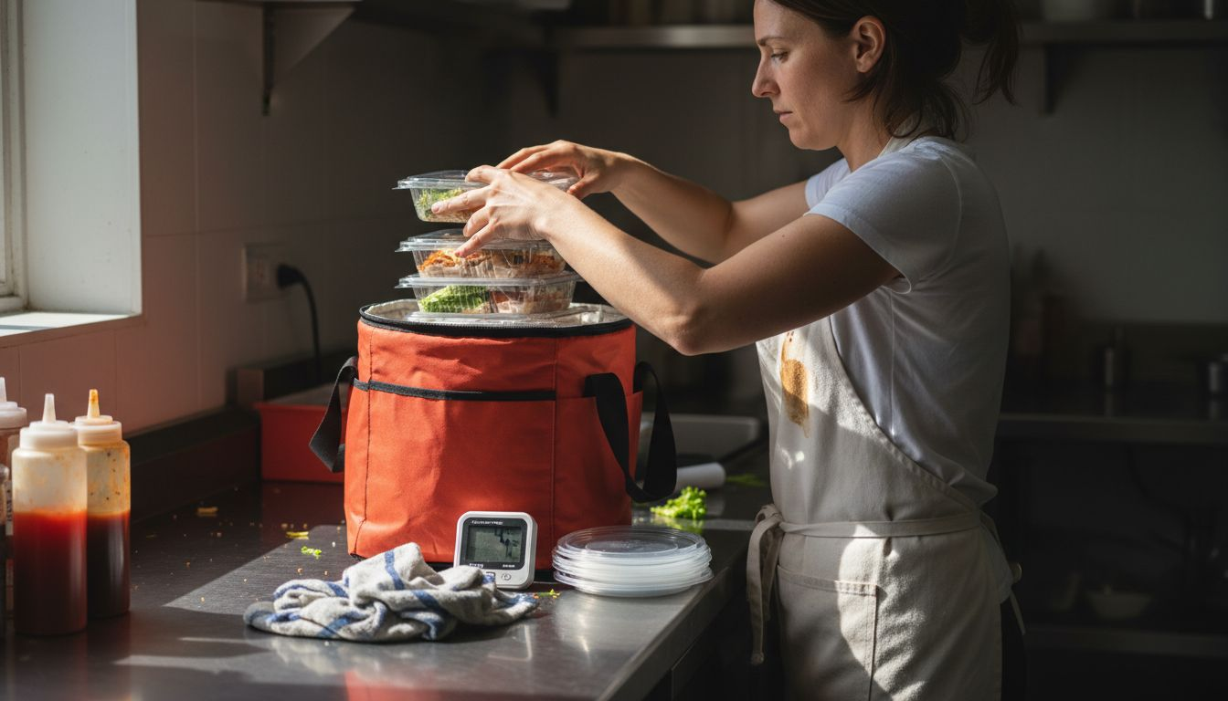 Worker loading insulated food packaging for delivery