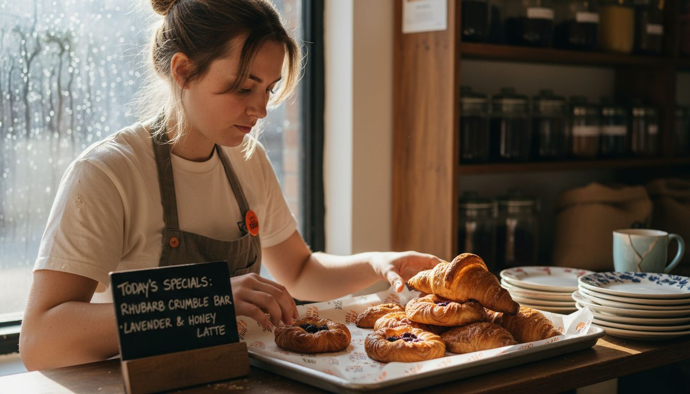 Barista arranging pastries on branded paper