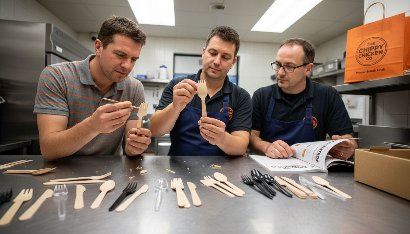 Restaurant staff comparing disposable cutlery choices