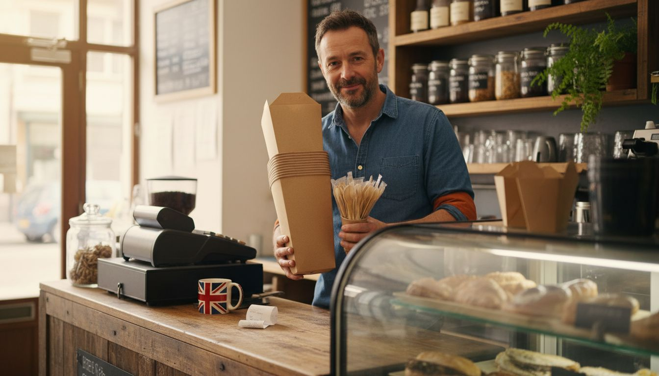Café owner with eco-friendly food containers