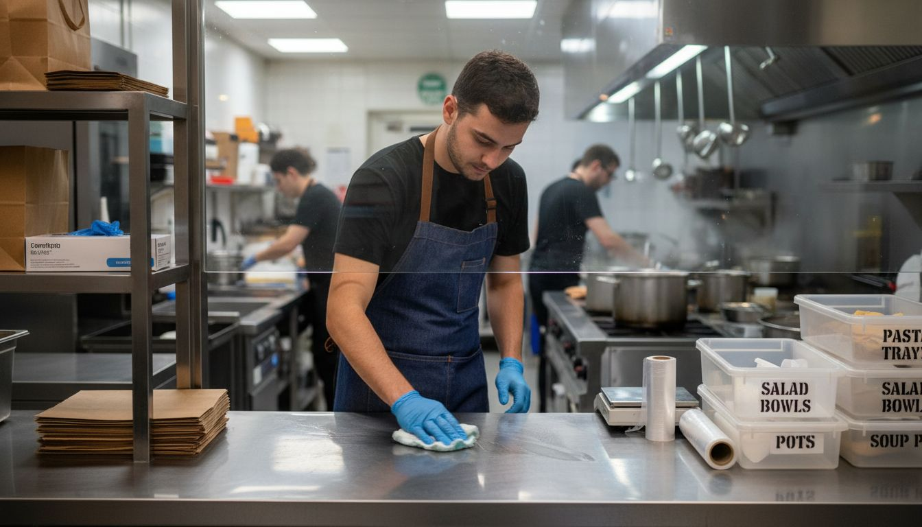 Staff cleaning hygienic food packing station
