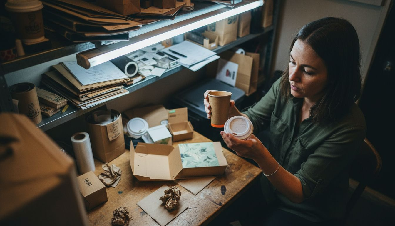 Manager comparing café packaging samples