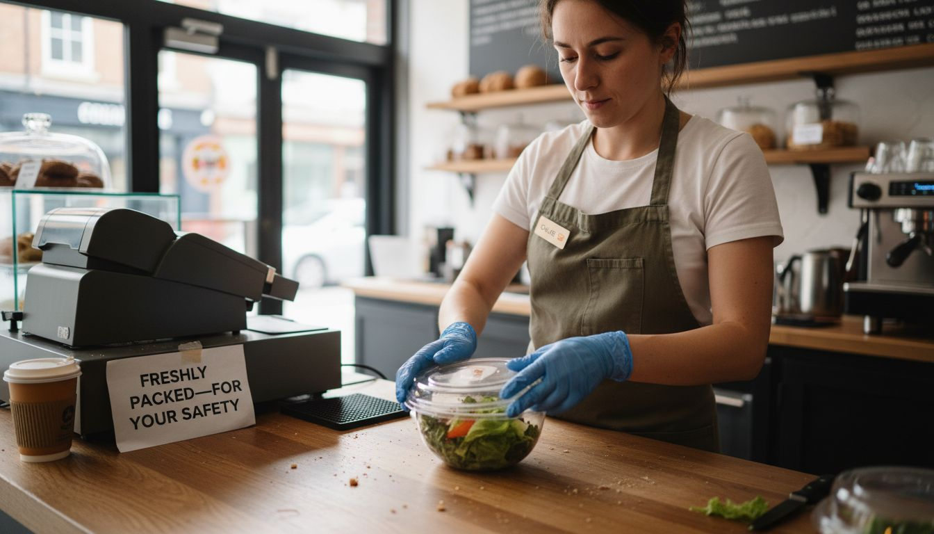 Barista sealing takeaway salad container safely