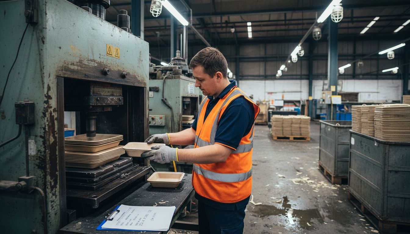 Worker inspects bagasse trays on factory floor