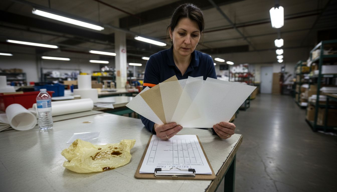 Manager reviewing greaseproof paper material samples