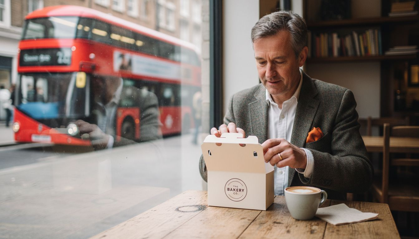 Customer unwrapping pastry in branded box