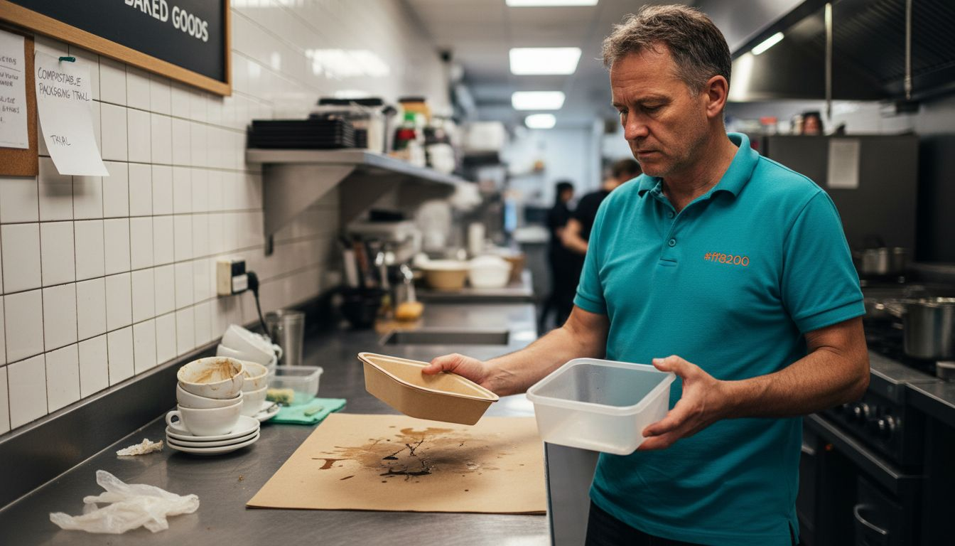 Café manager comparing eco packaging options