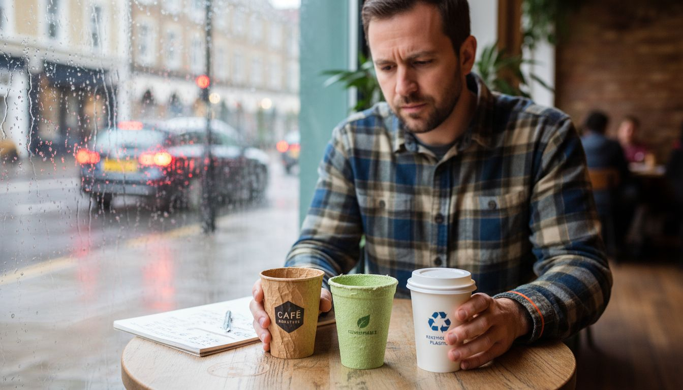 Manager comparing coffee cup materials in café