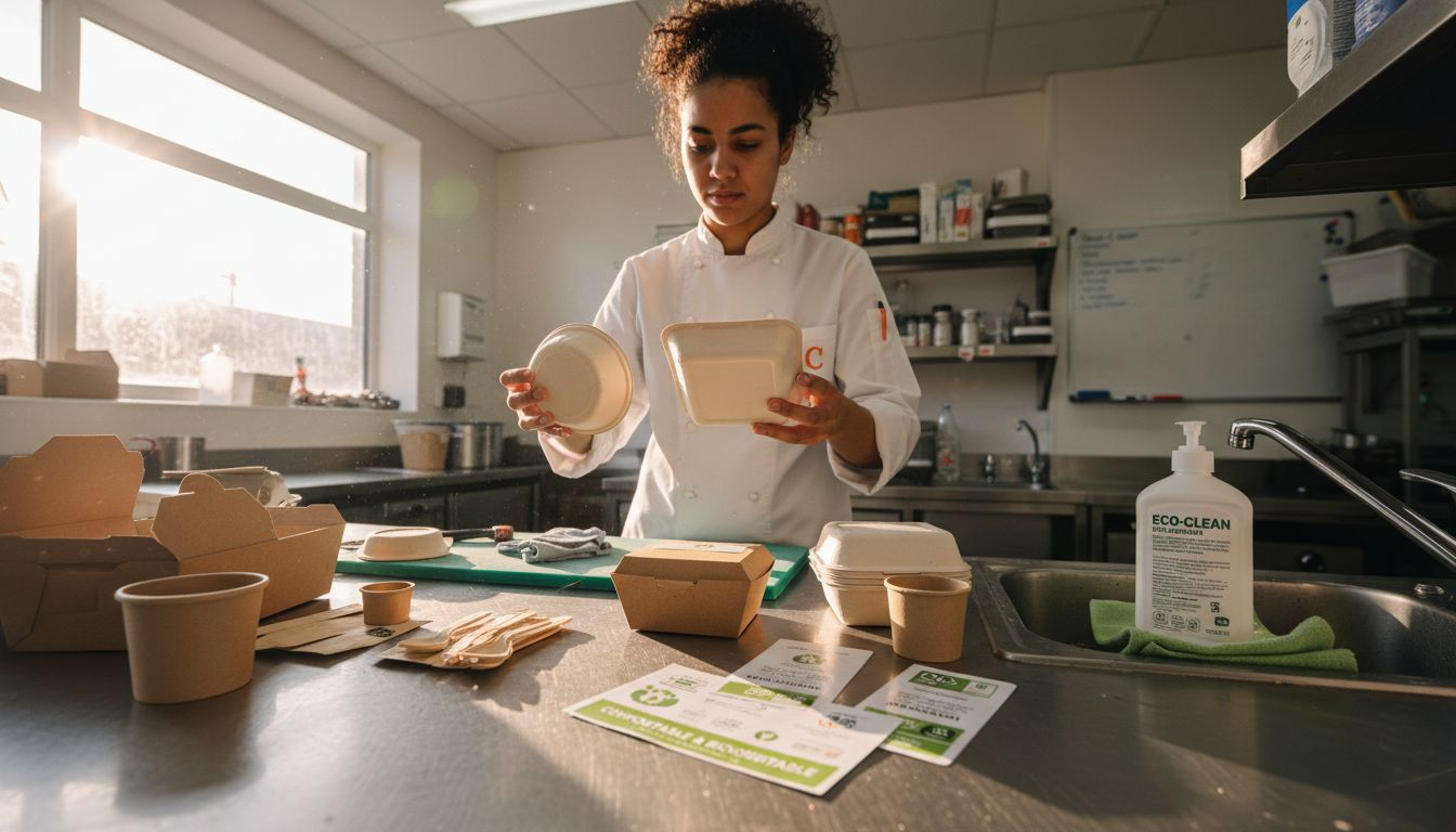 Chef evaluating eco-friendly packaging materials