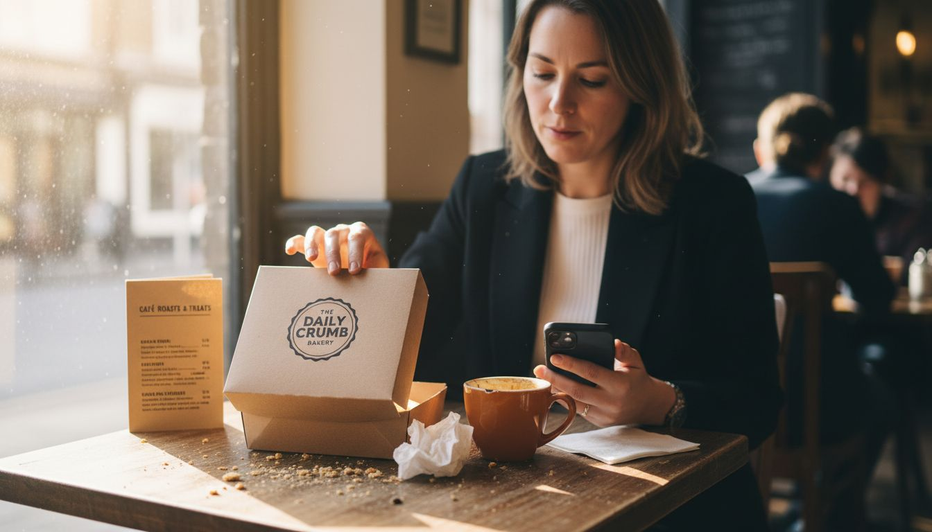 Customer opening branded café pastry box