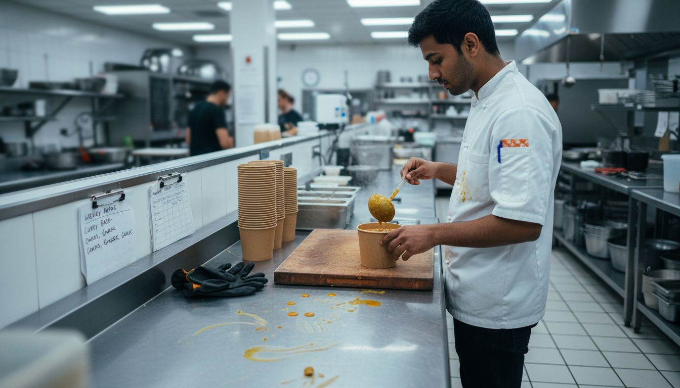 Worker filling compostable restaurant containers