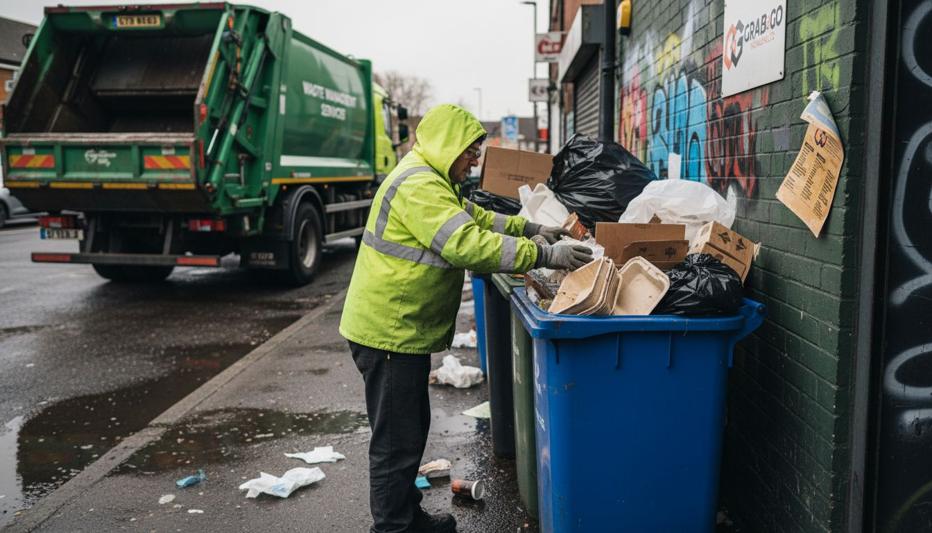 Overflowing bins with food packaging waste collection