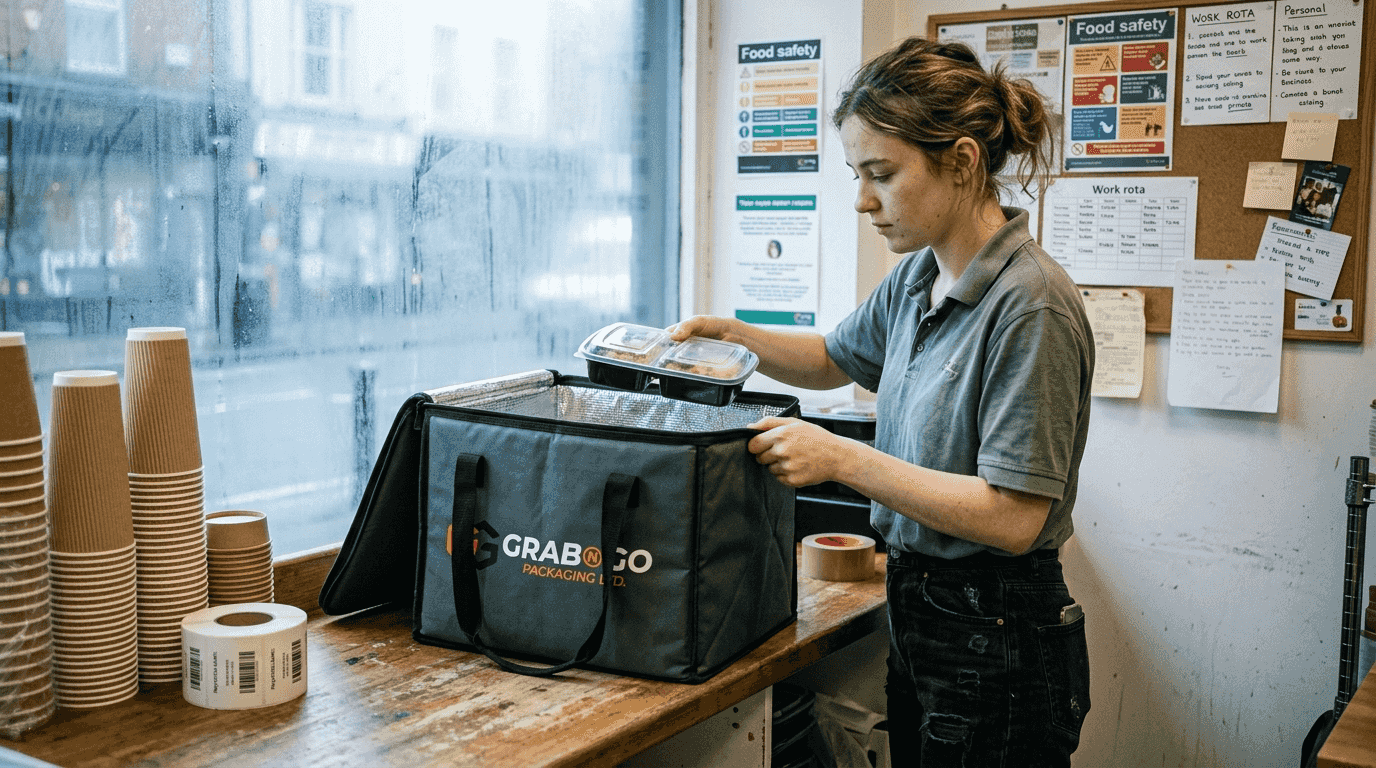 Café worker packing meal containers for delivery