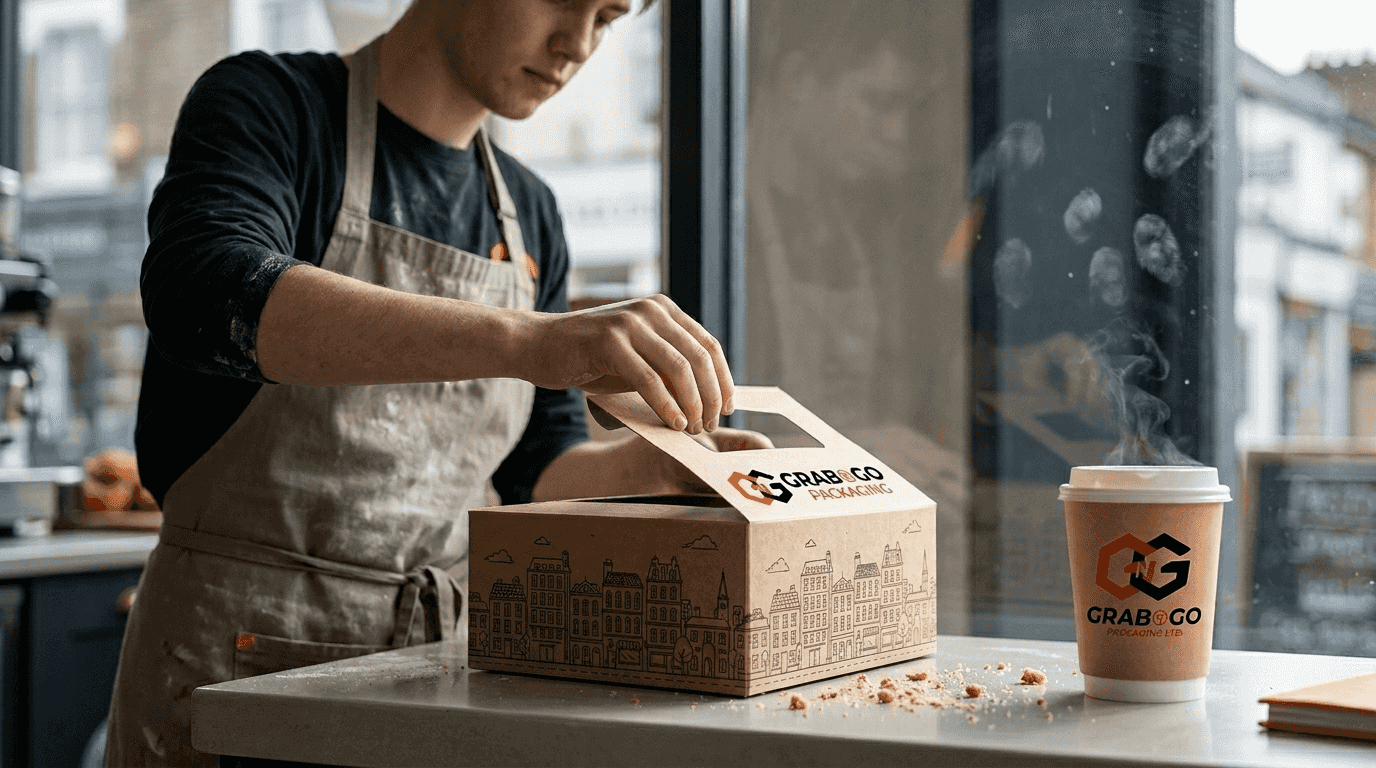 Café worker with custom cake box near window