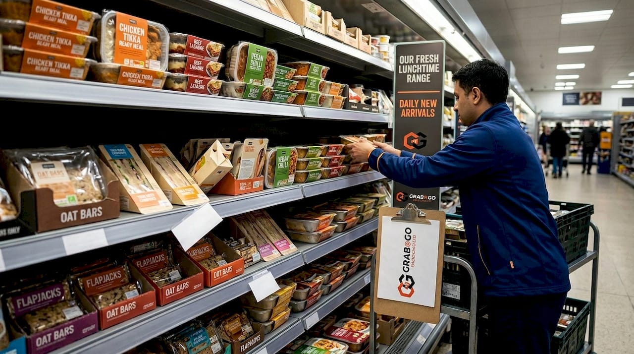 Supermarket shelves with various branded food packaging