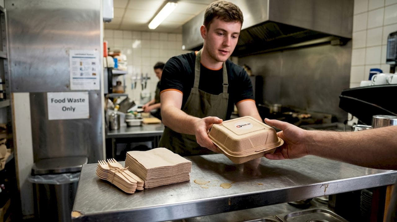 Barista serving food in bagasse container