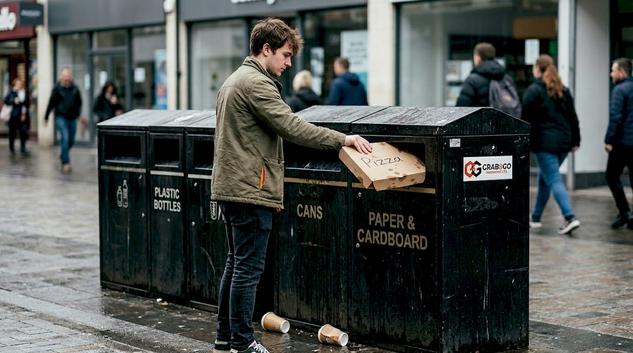 Man recycling corrugated food box at outdoor bin