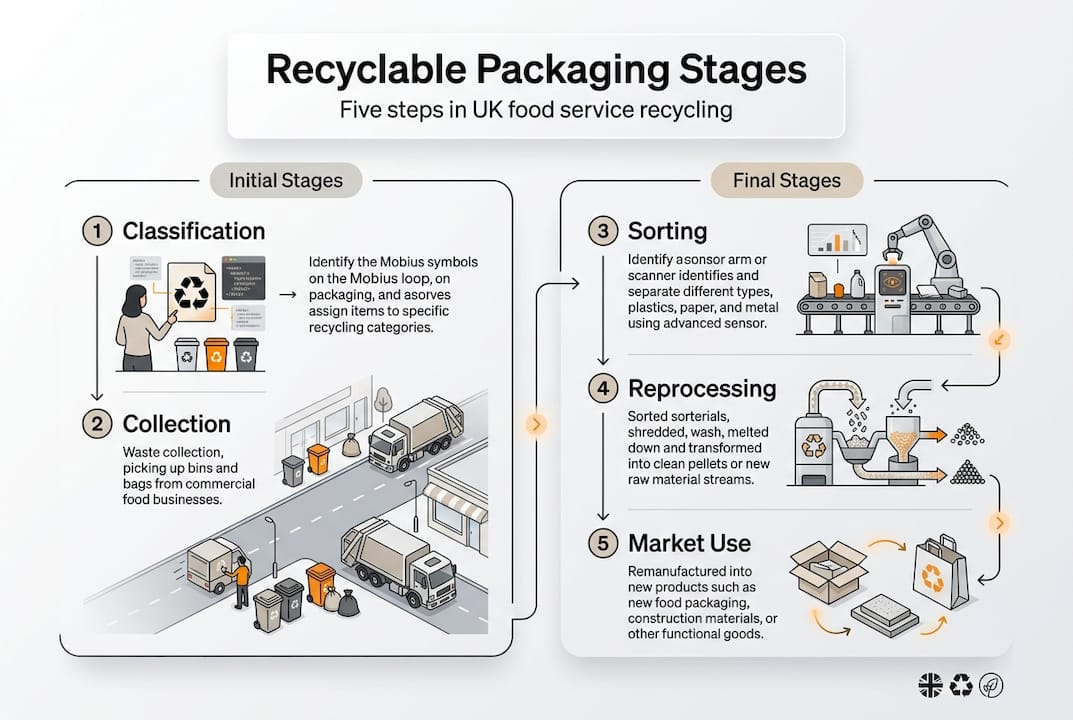 Infographic summarizing five packaging recycling stages