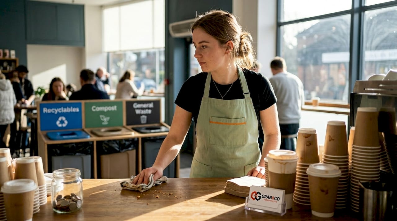 Barista cleaning near labeled recycling bins
