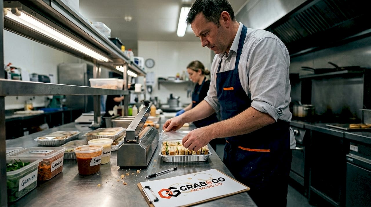 Staff member sealing catering food trays