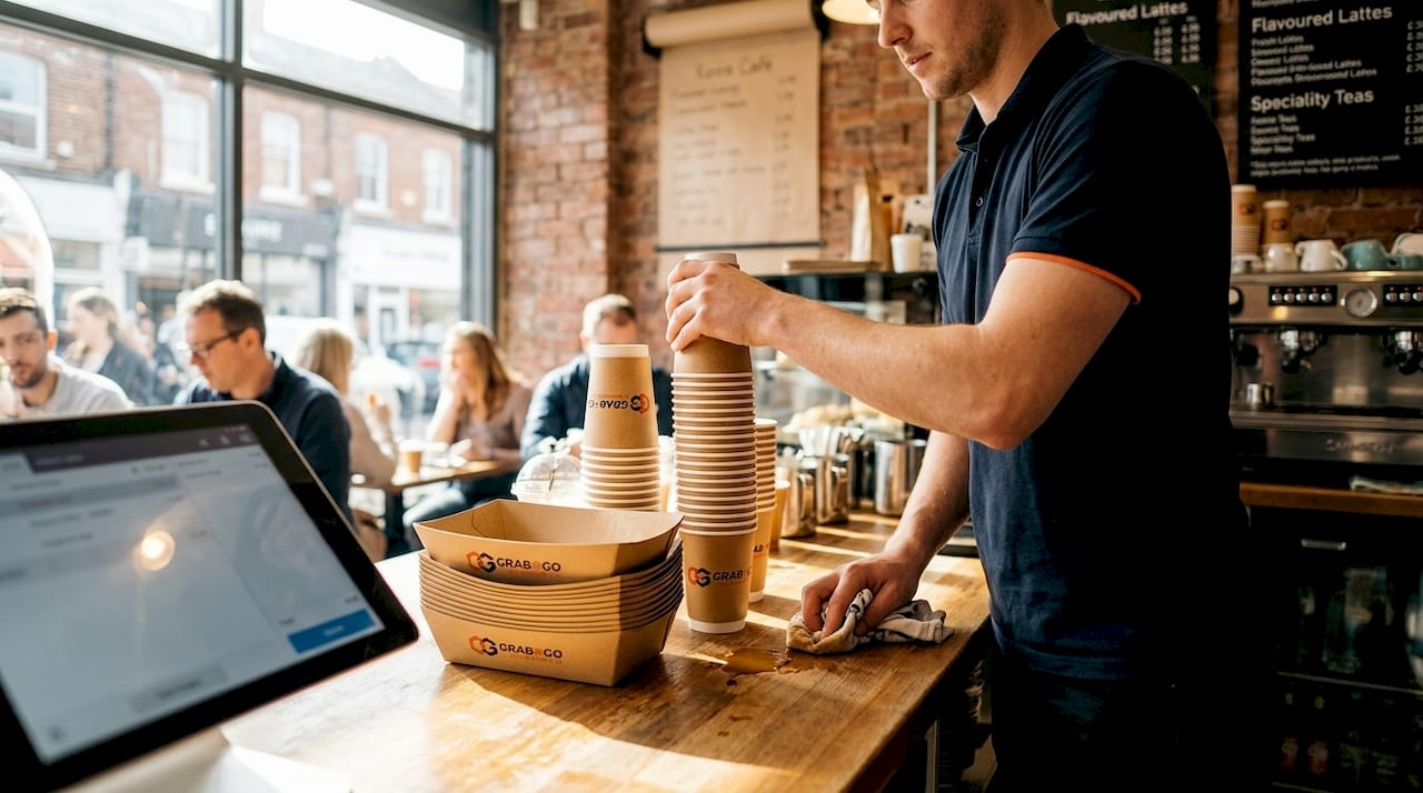 Branded paper coffee cups on café counter