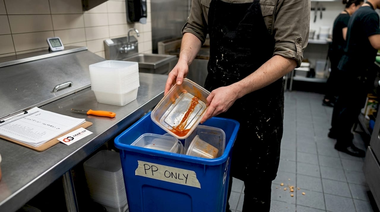 Worker recycling stained PP container in kitchen
