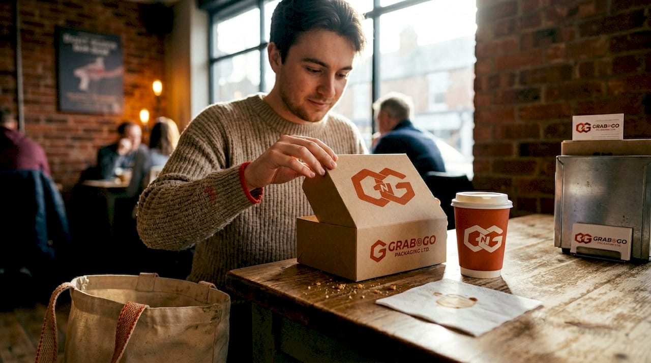 Customer opening branded café food packaging