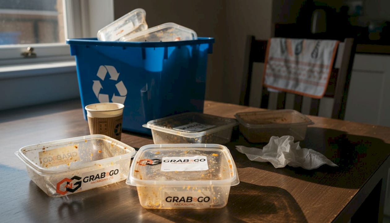 Contaminated plastic containers near recycling bin