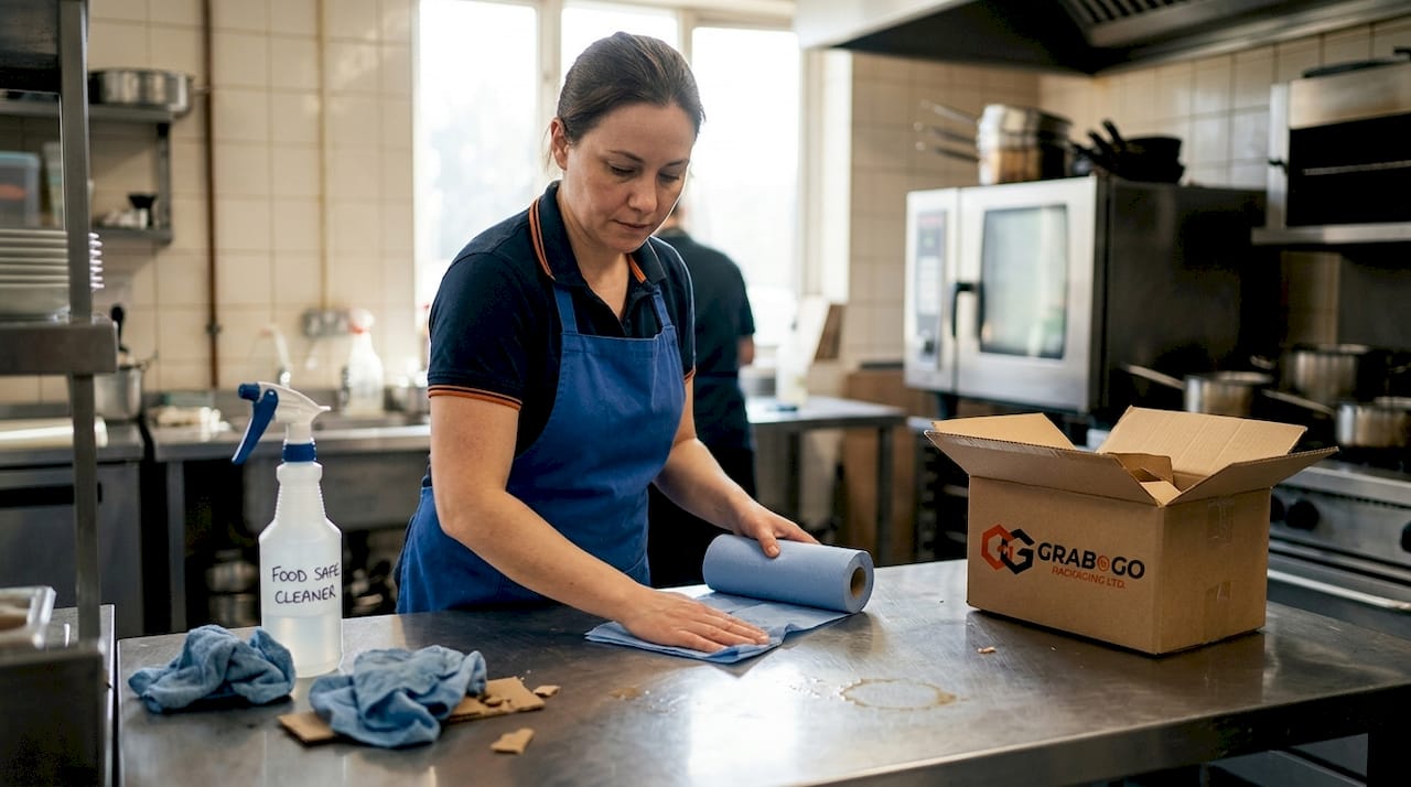 Worker cleaning packaging station surfaces