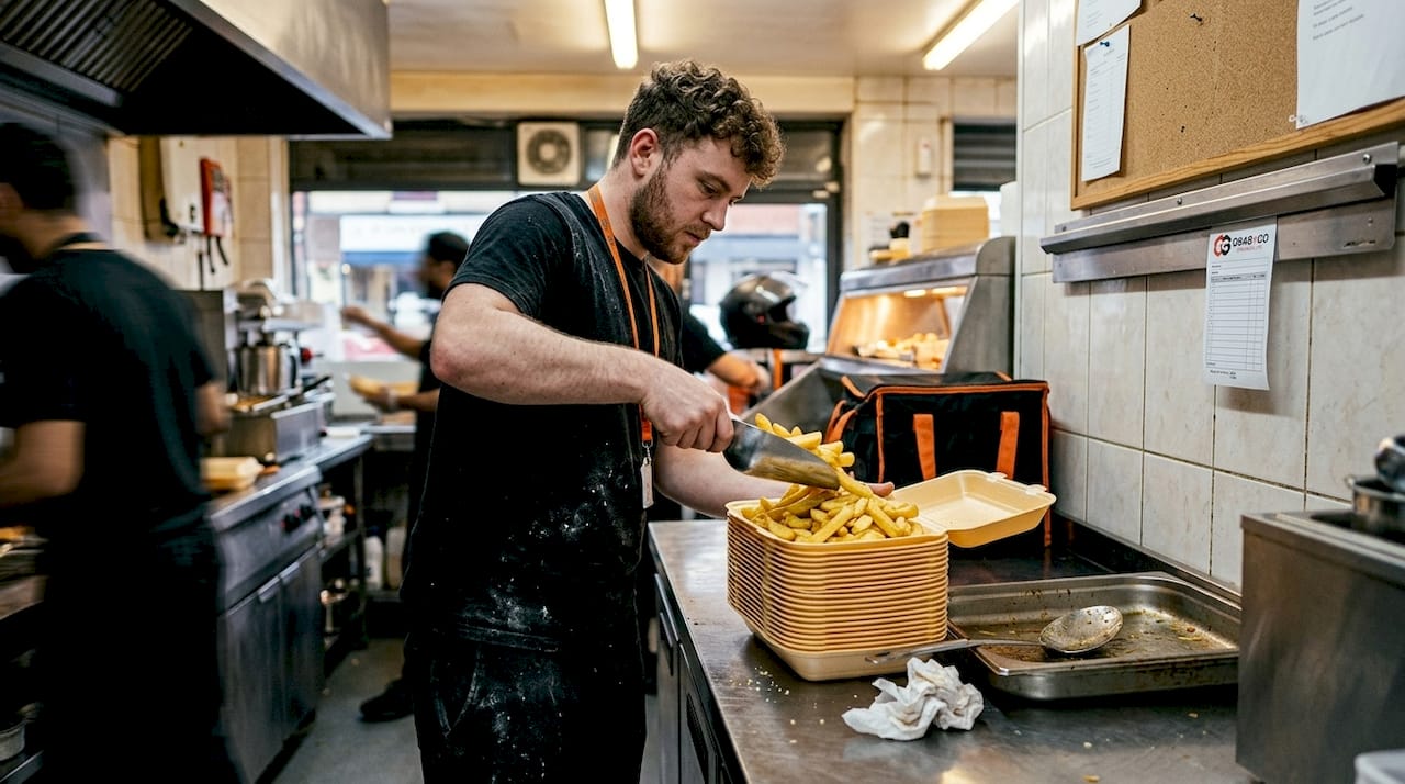 Kitchen worker filling bagasse trays for service