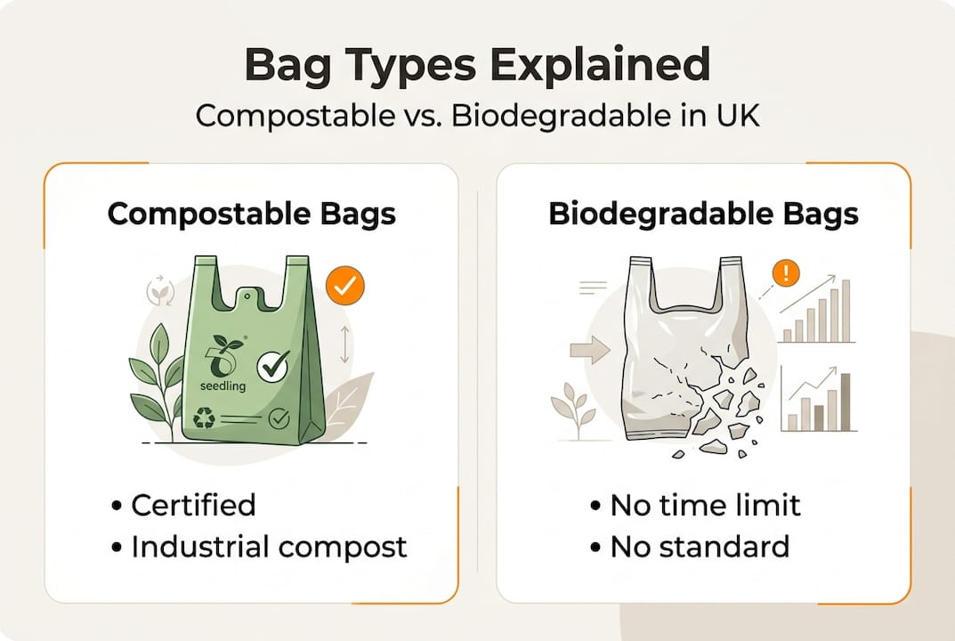 Infographic comparing compostable and biodegradable bags