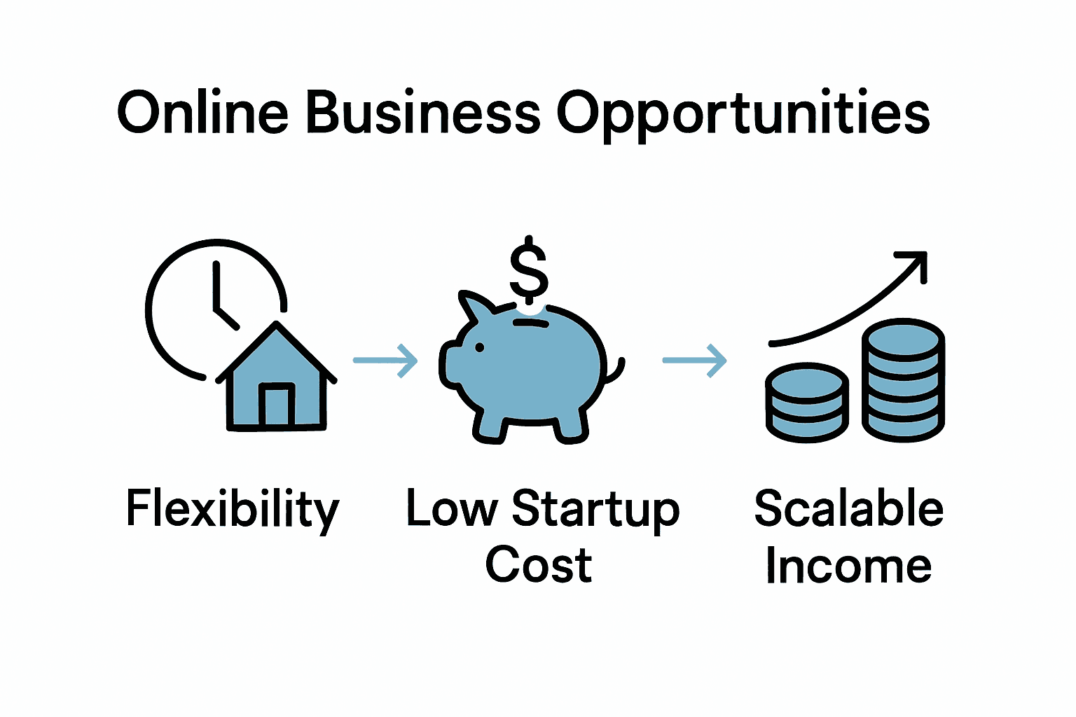 Infographic showing three benefits of online business for single mothers: flexibility, low startup cost, scalable income.