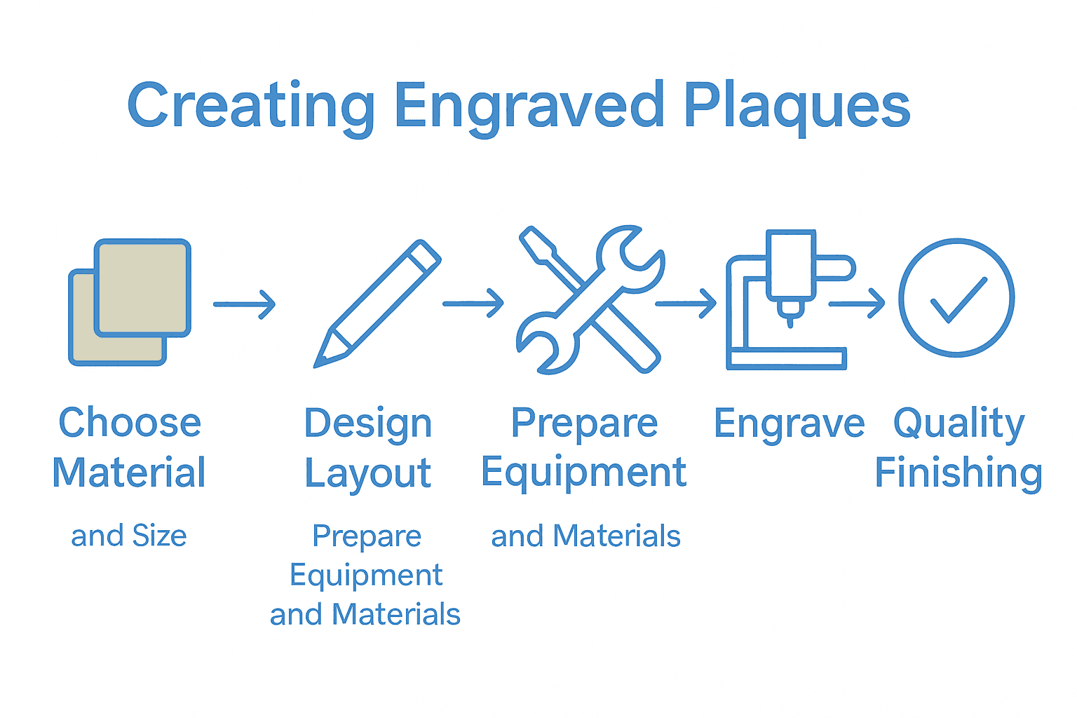 Infographic showing the 5 main steps of the plaque engraving process with icons and arrows.