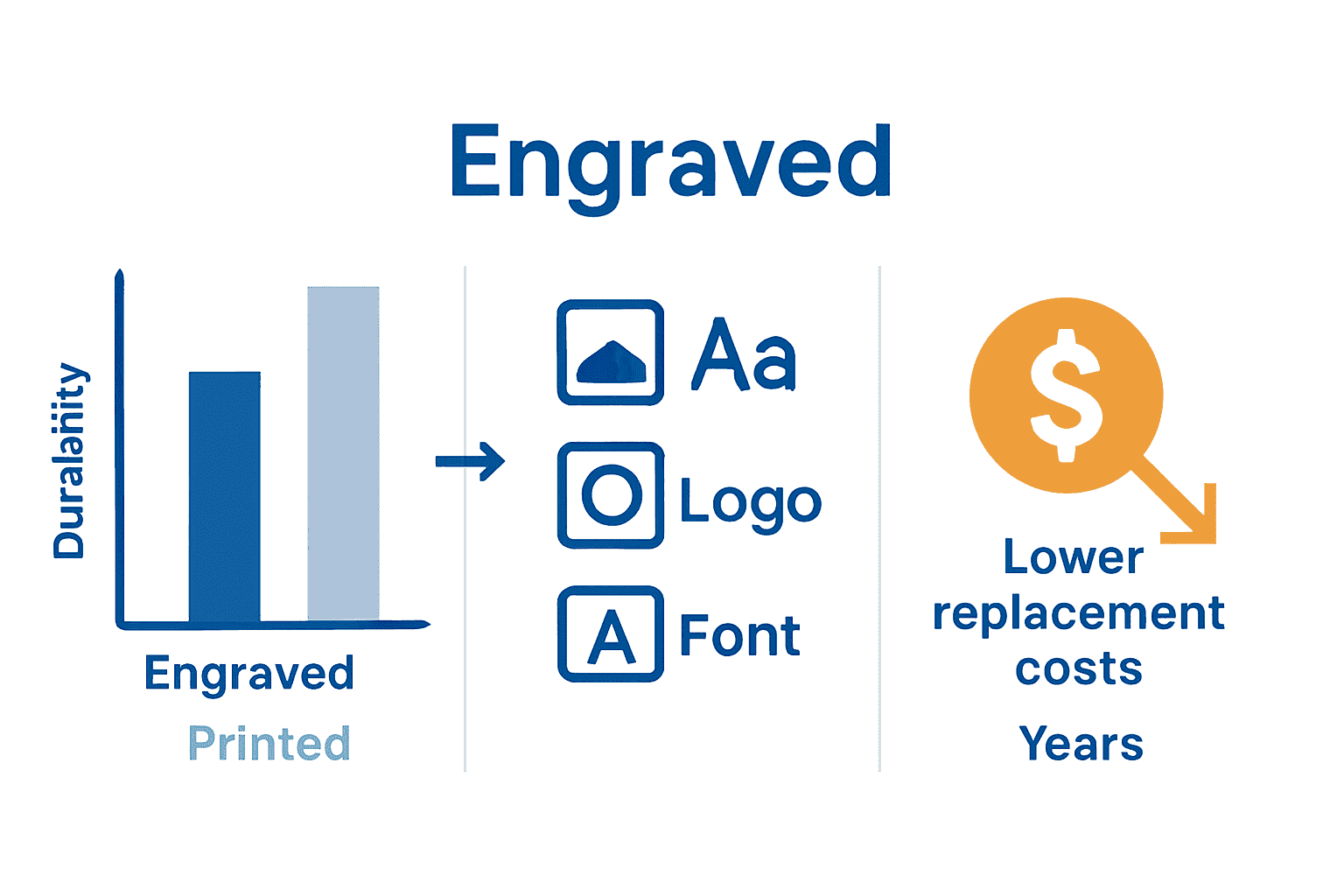 Infographic comparing engraved and printed name tags durability and cost.