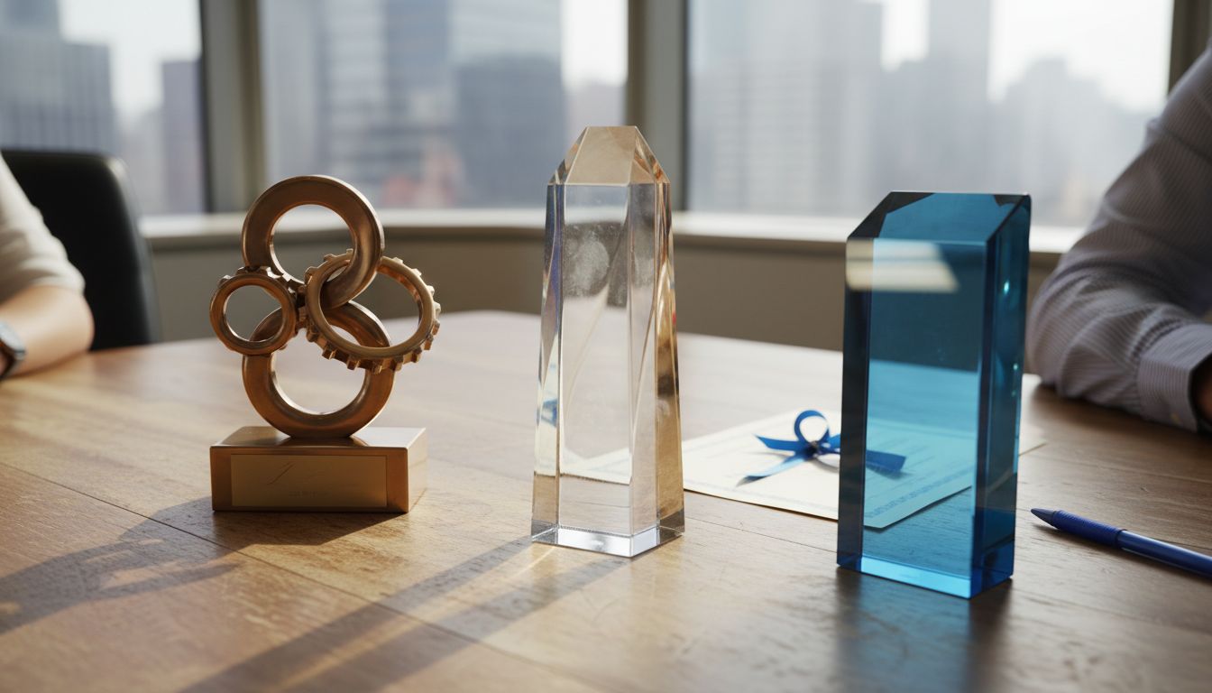 Different trophy materials on conference table