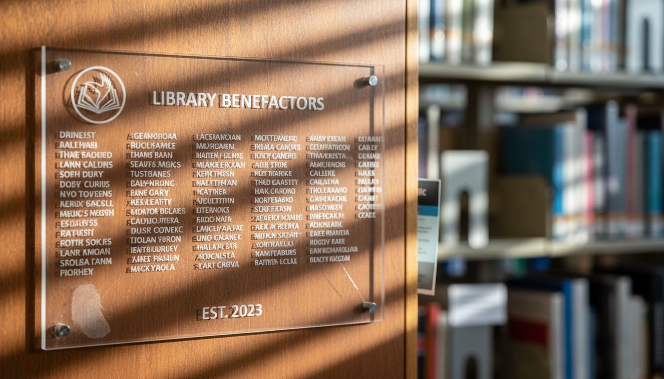 Close-up acrylic donor plaque in library