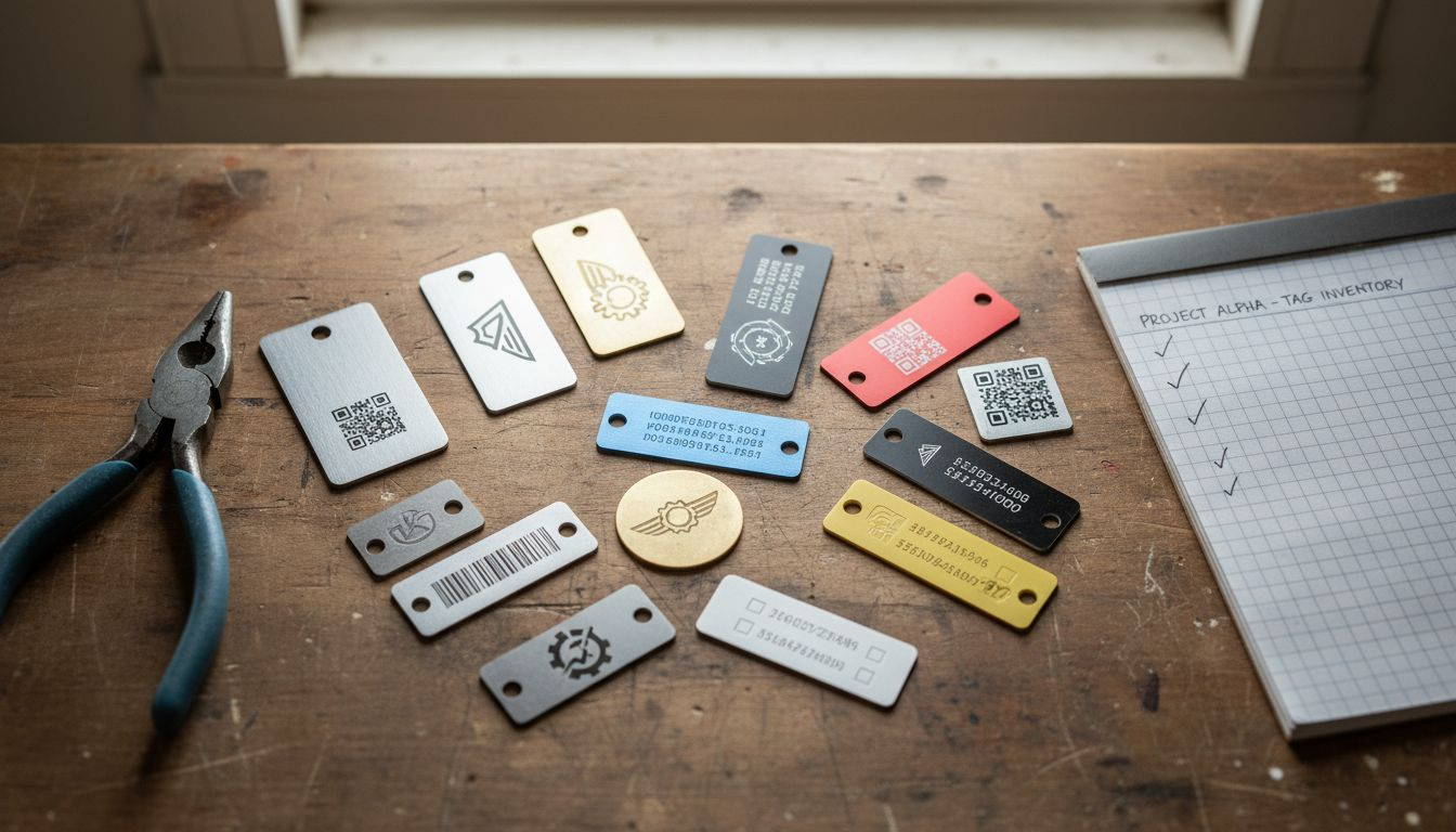 Different engraved tags laid out on workbench