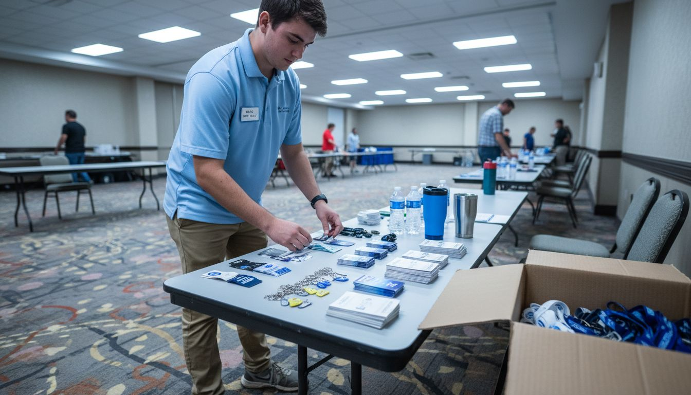Staff organizing branded trade show giveaways