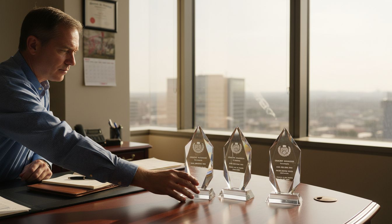 Crystal personalized awards on executive office desk