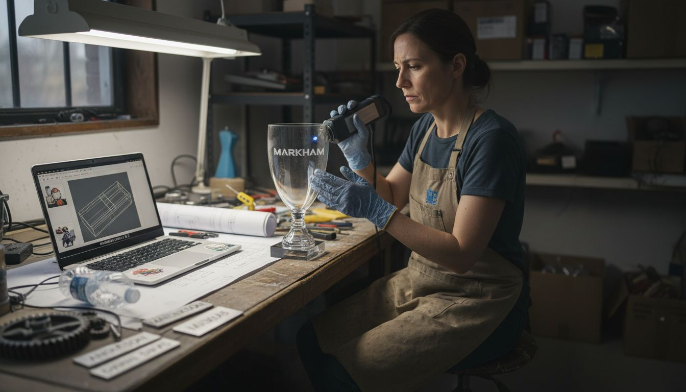 Engraving personalized name on glass trophy