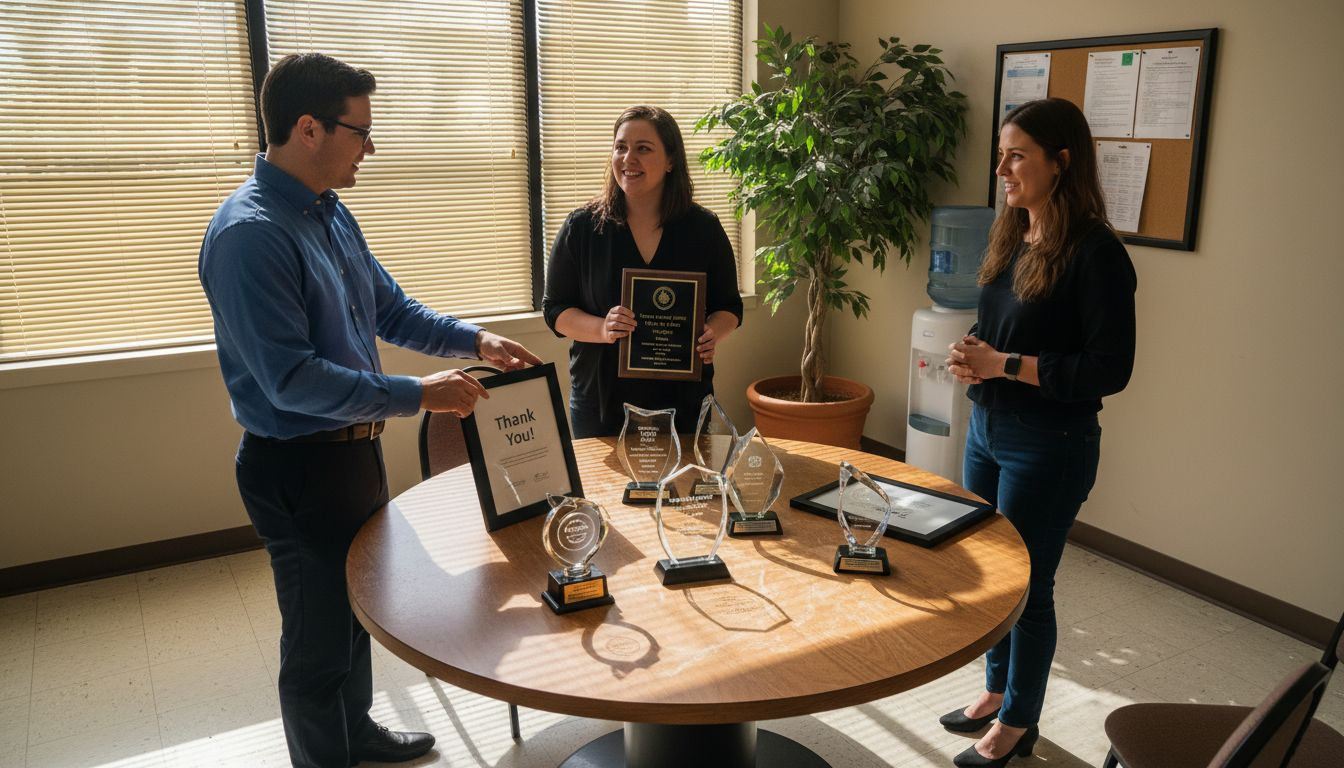 Coworkers discuss personalized office awards