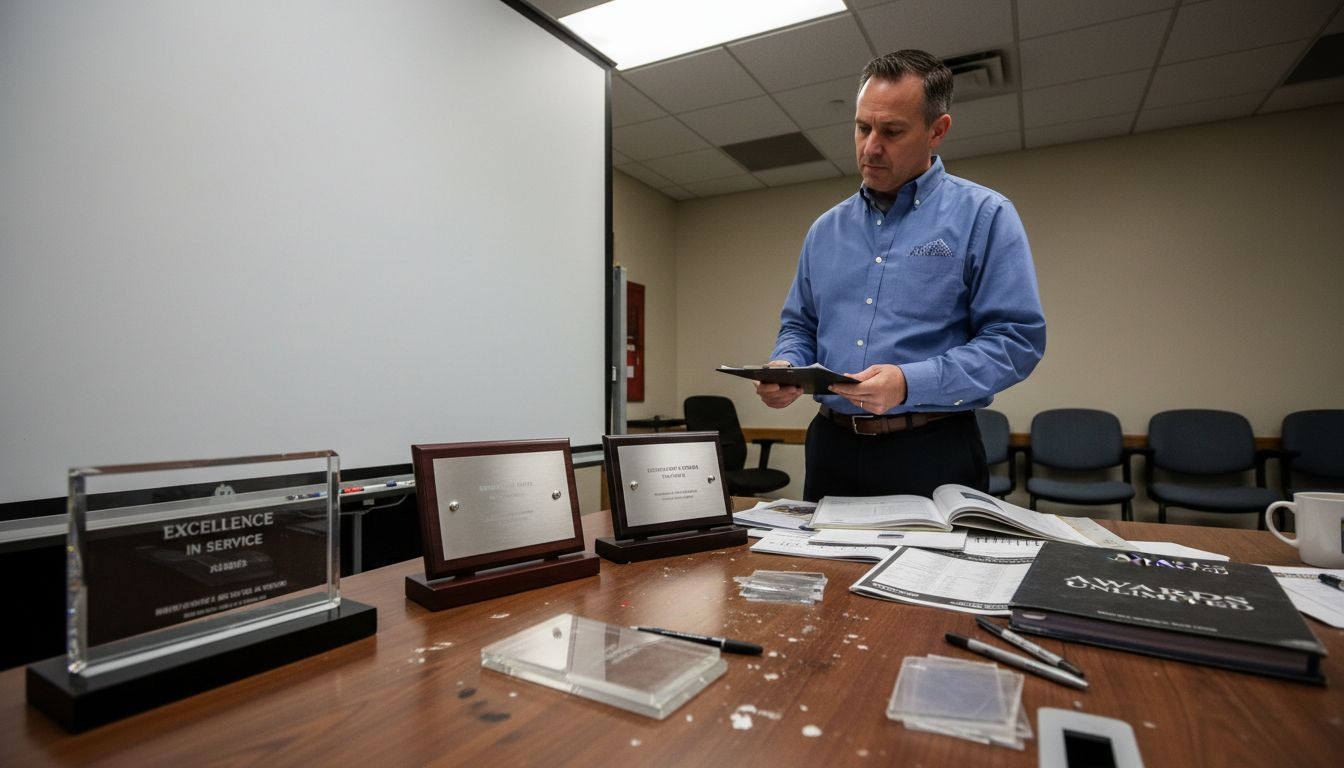 HR worker reviewing custom award materials