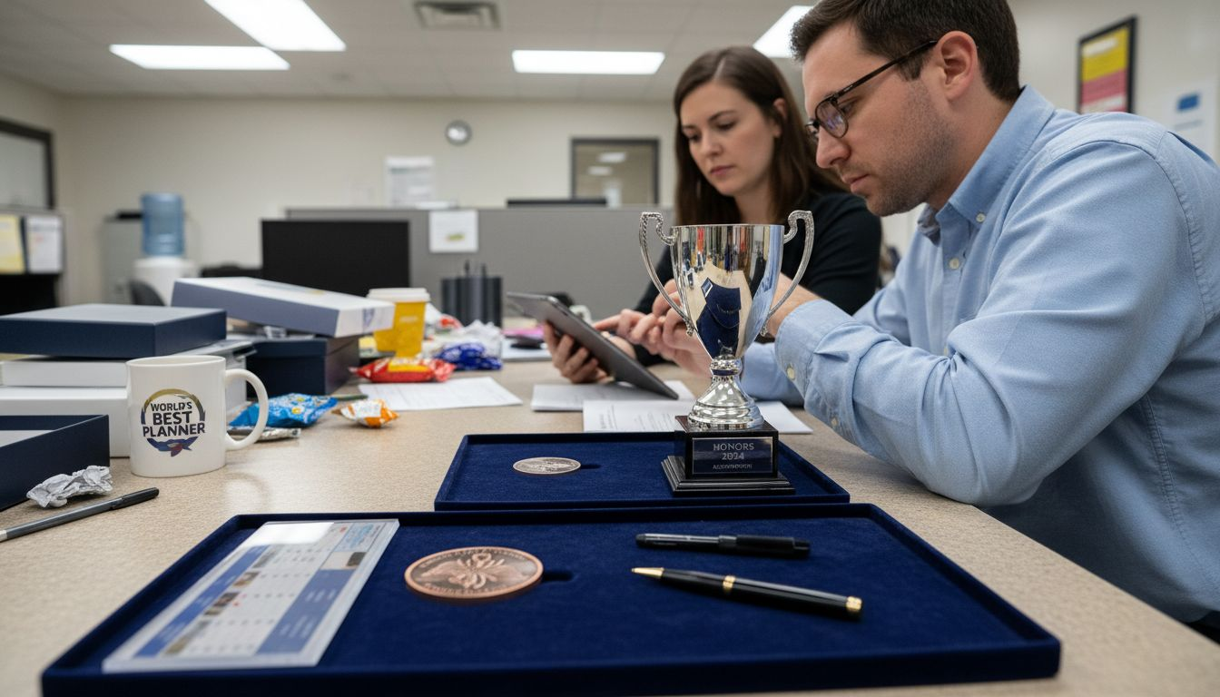 Event planners choosing between engraved gift samples