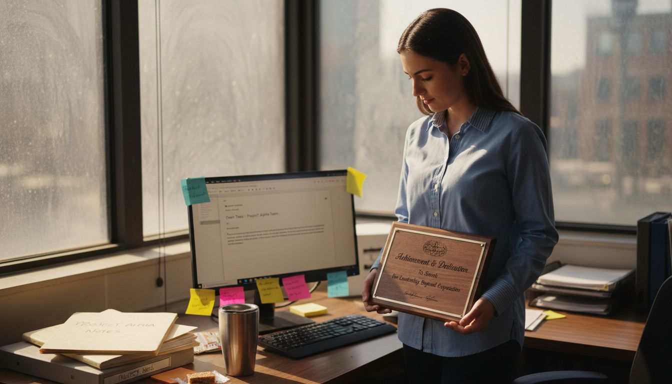 Employee examining custom plaque at office desk