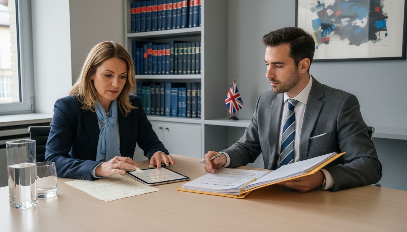 International client in legal consultation with Italian lawyer discussing case strategy and engagement terms