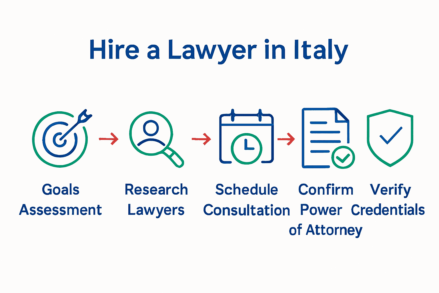 Infographic showing five-step process to hire lawyer in Italy with verification and consultation stages