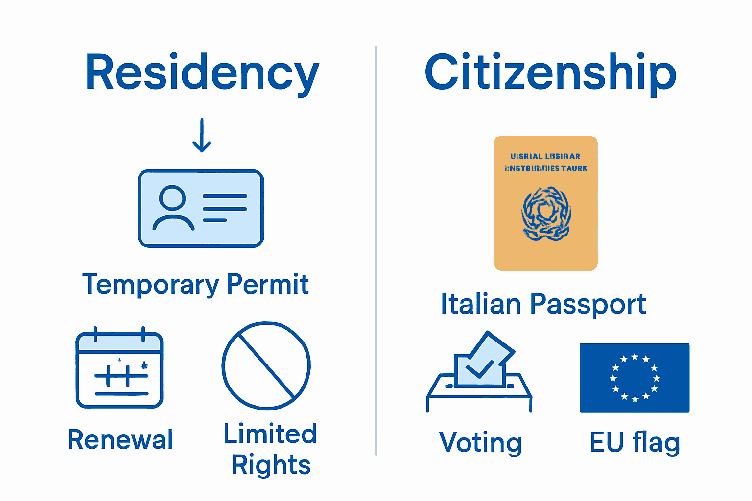Infographic comparing Italian residency and citizenship with icons for key rights