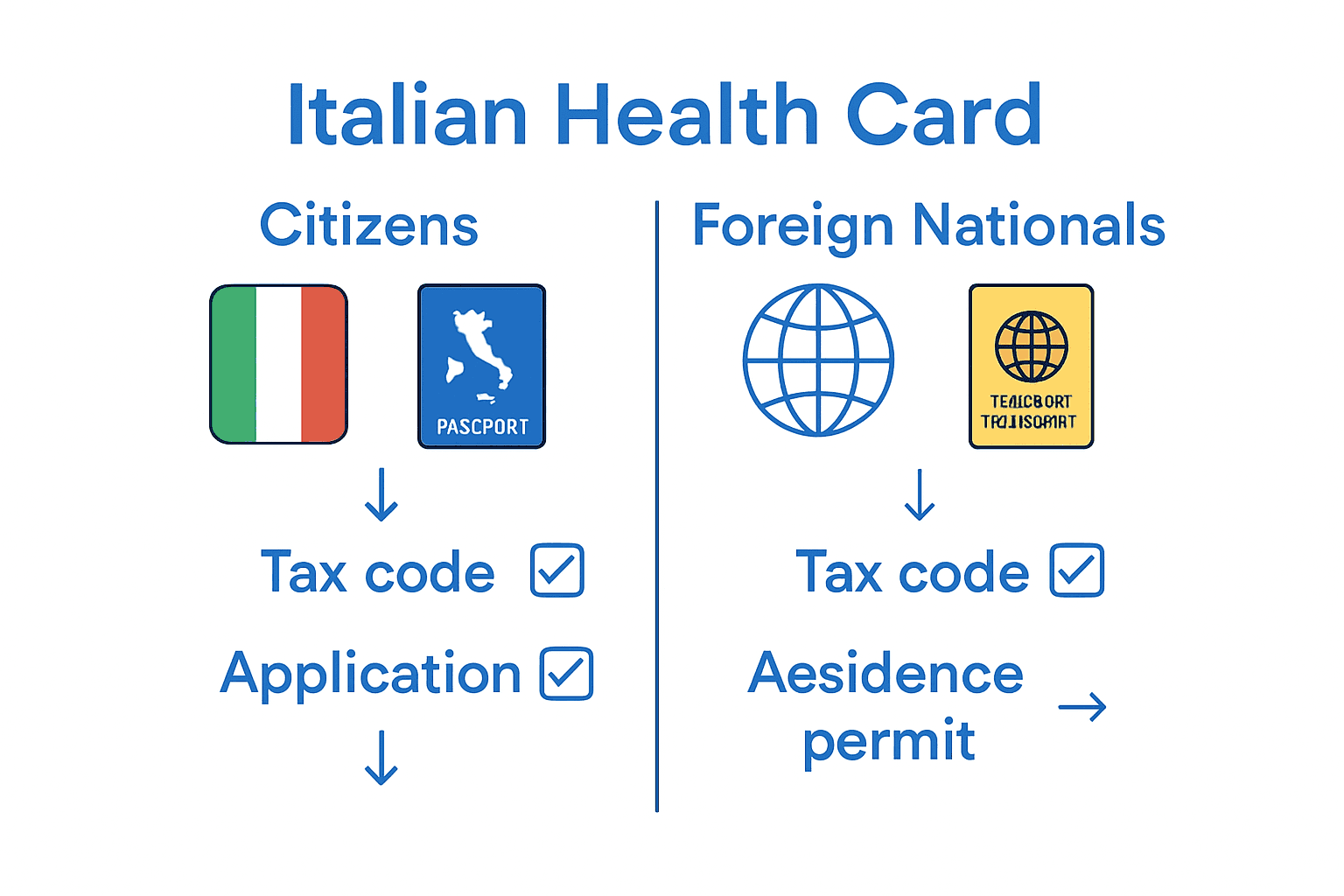 Infographic comparing Italian health card application steps for EU citizens and non-EU foreign nationals